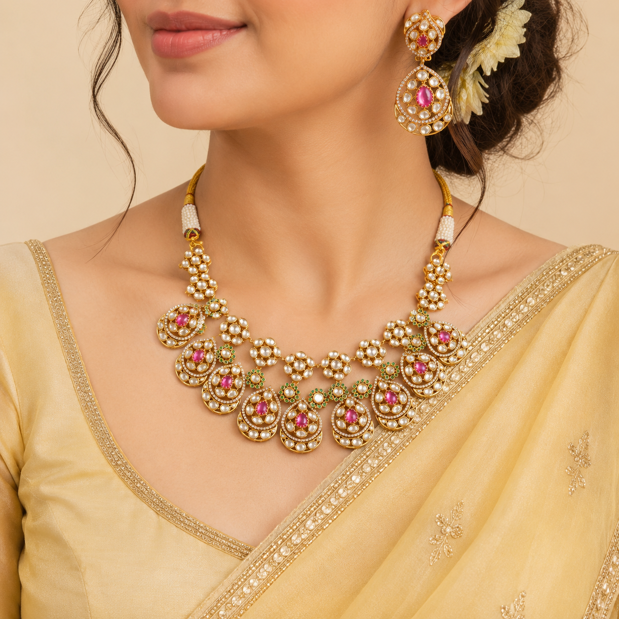 Floral White Kundan Pink Stone Silver Necklace Set