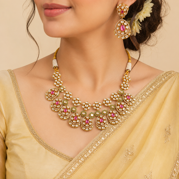 Floral White Kundan Pink Stone Silver Necklace Set
