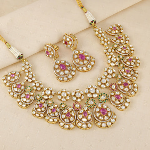 Floral White Kundan Pink Stone Silver Necklace Set