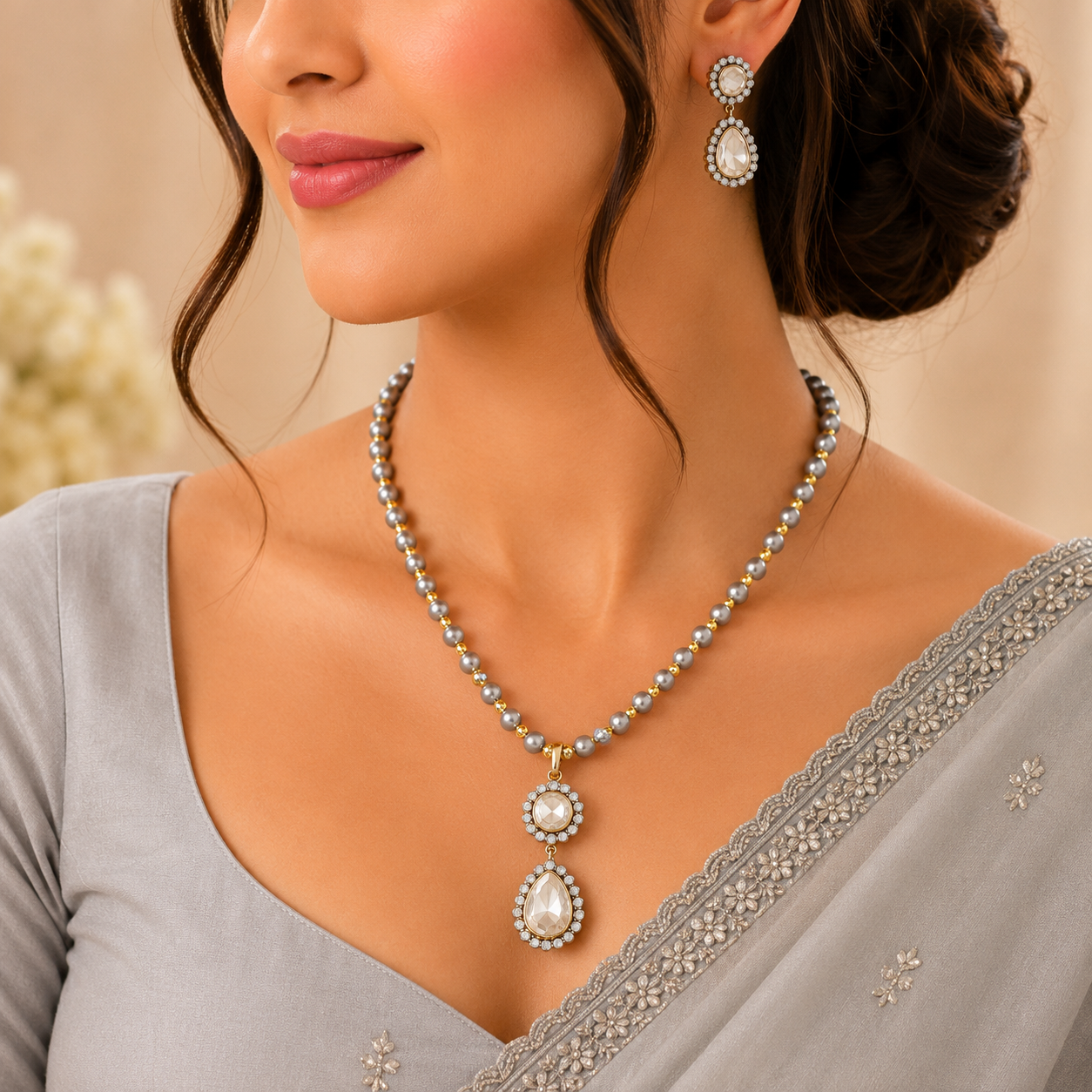 Lavanya White Stone Silver Necklace Set
