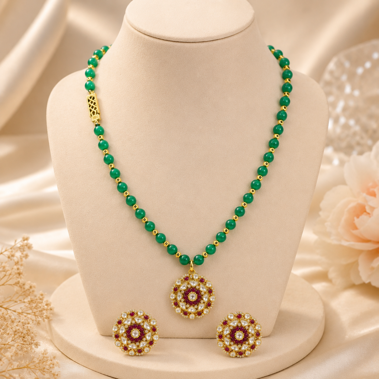 Reeta Green Beaded With Floral Silver Necklace Set