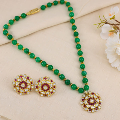 Reeta Green Beaded With Floral Silver Necklace Set