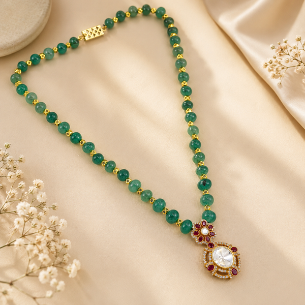 Urvika Green Beads Silver Necklace