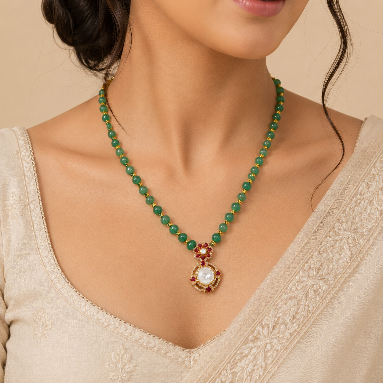 Urvika Green Beads Silver Necklace