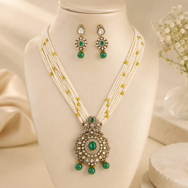 Ira Kundan Studded Beaded Silver Necklace Set