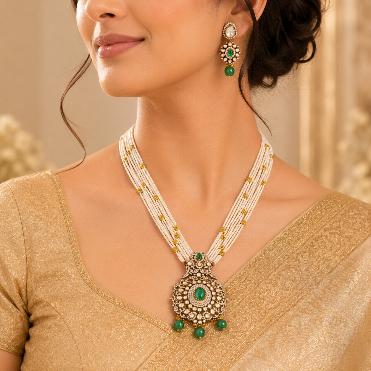 Ira Kundan Studded Beaded Silver Necklace Set