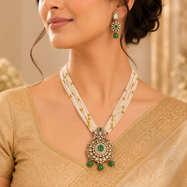 Ira Kundan Studded Beaded Silver Necklace Set
