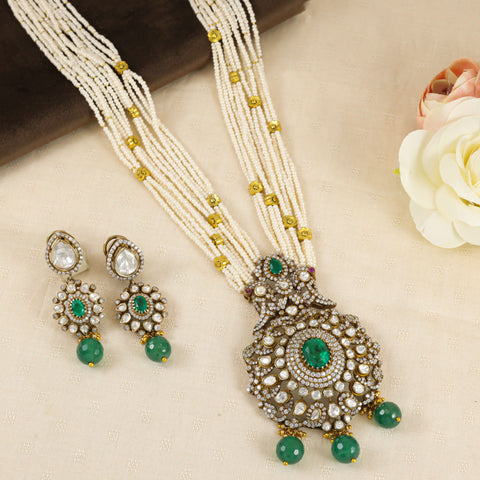 Ira Kundan Studded Beaded Silver Necklace Set