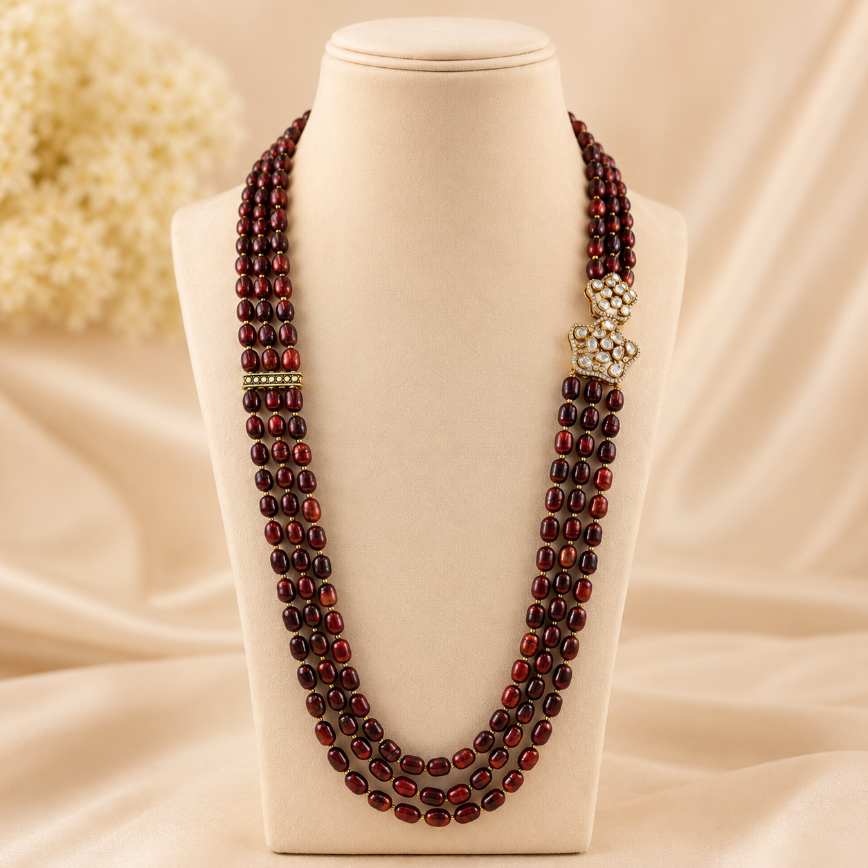 Poonam Garnet Beaded Silver Necklace