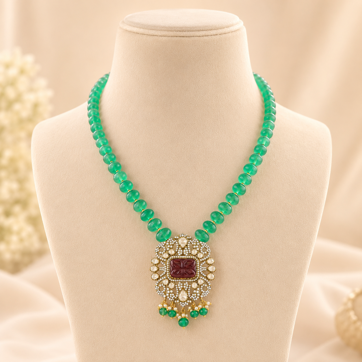 Akira Silver Kundan Style Green Silver Necklace
