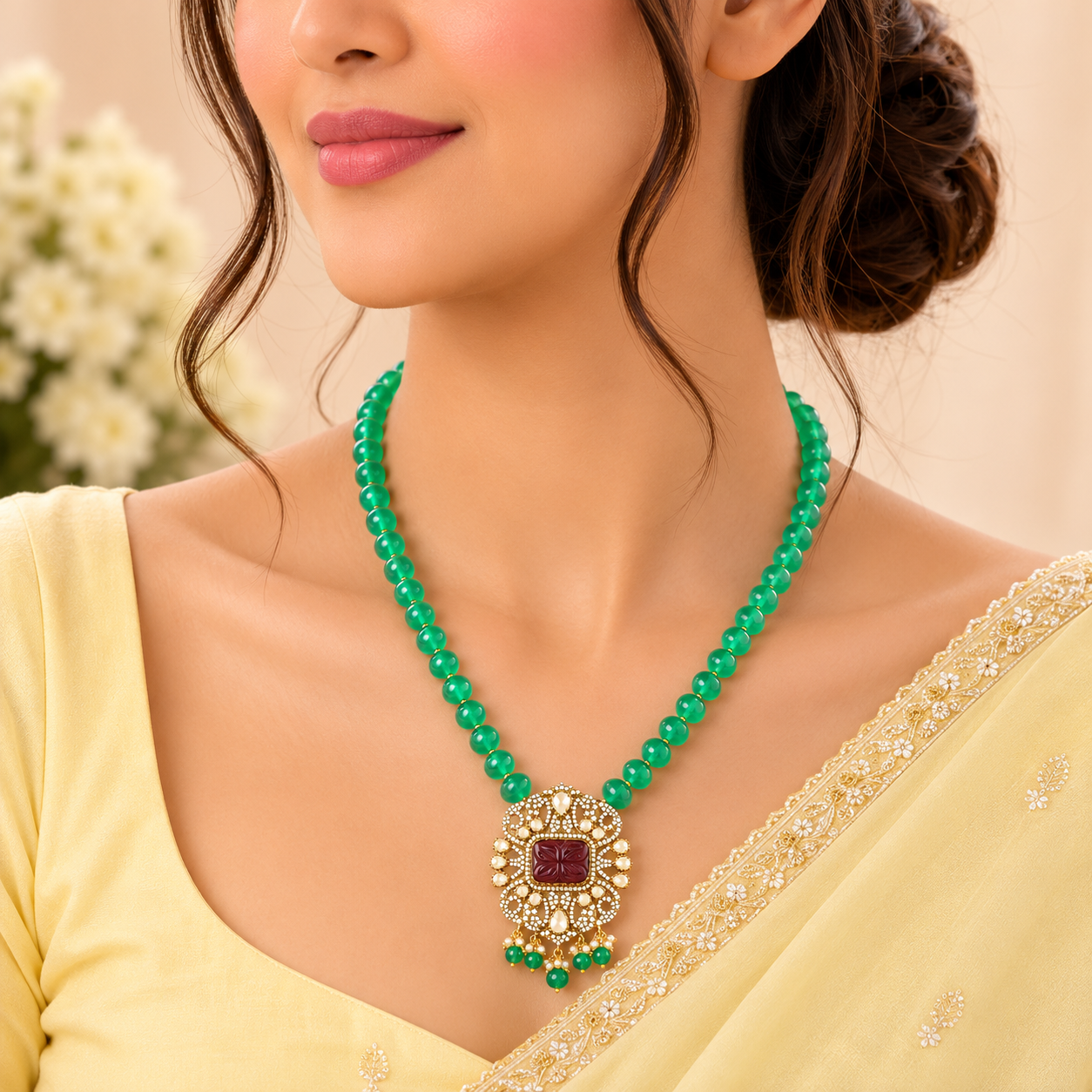 Akira Silver Kundan Style Green Silver Necklace