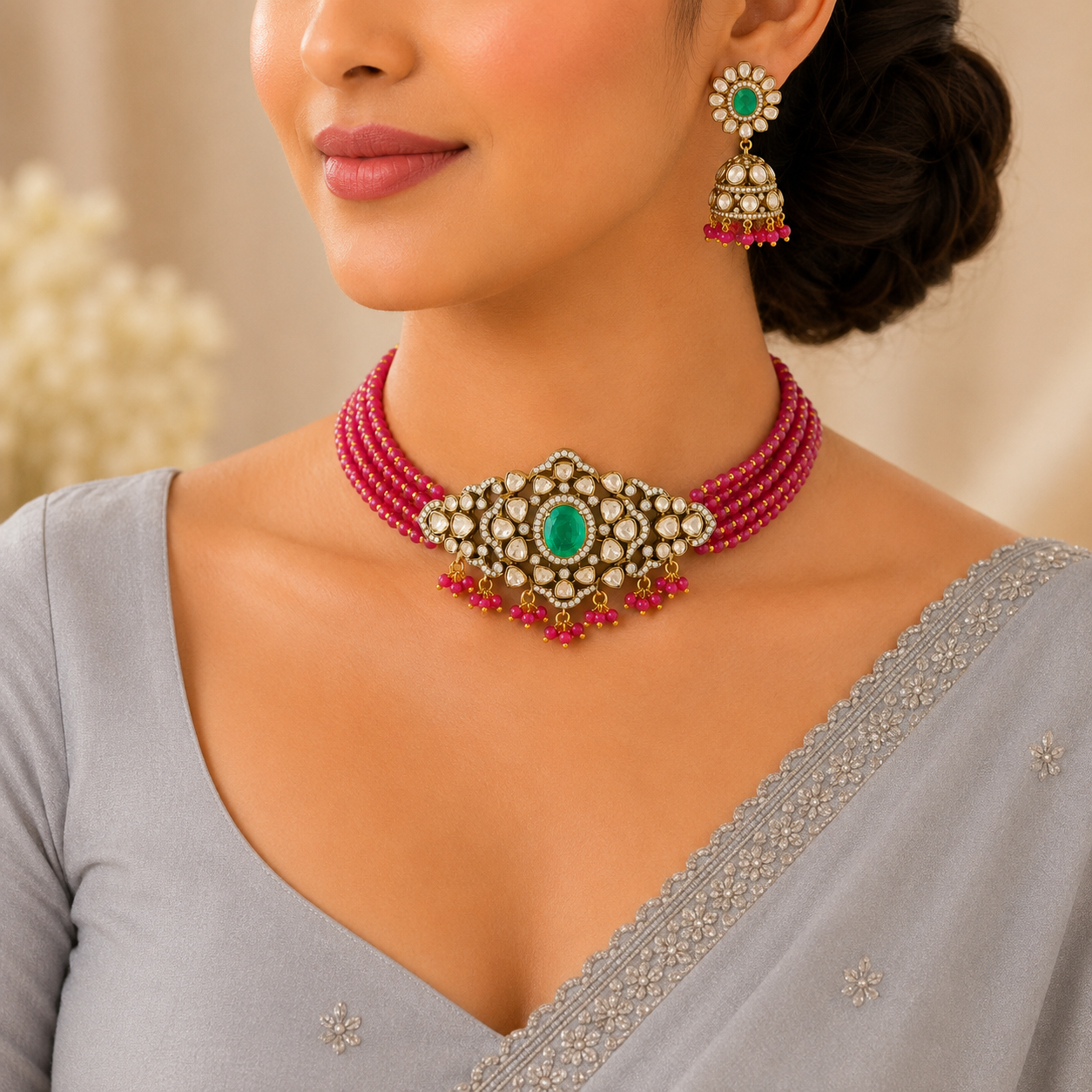 Binita Emerald Silver Choker Set