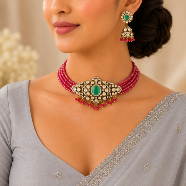Binita Emerald Silver Choker Set