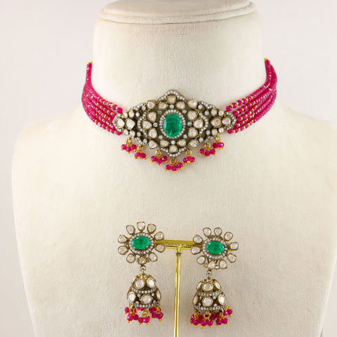 Binita Emerald Choker Set With Ruby Beads
