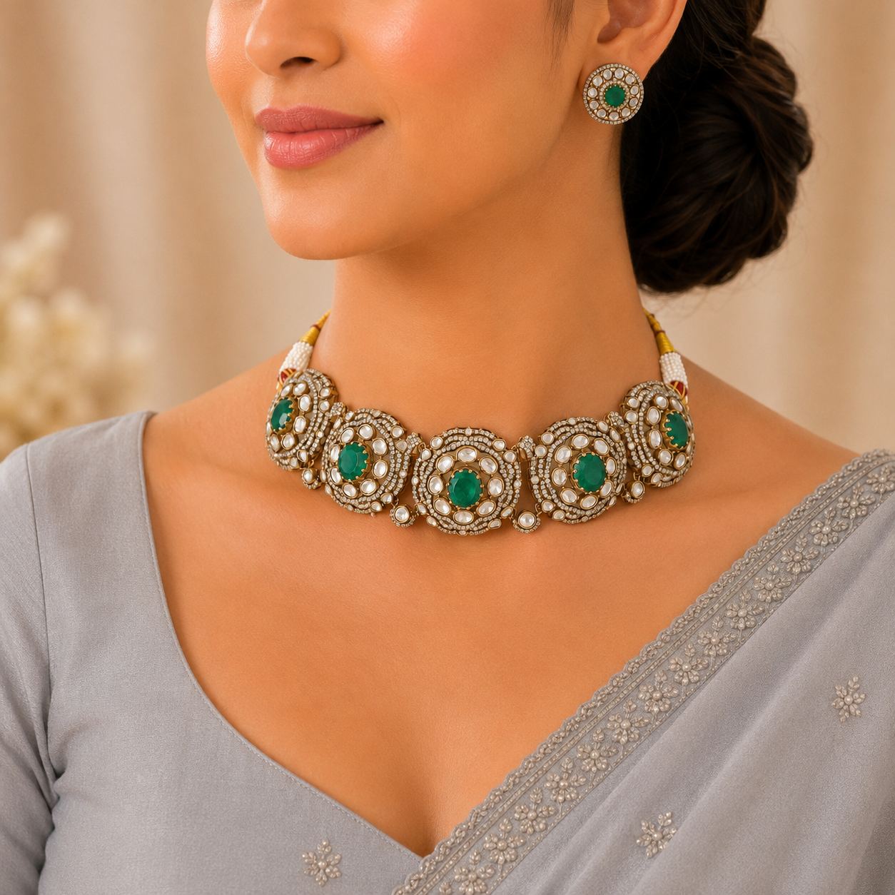 Chavi Finish Kundan Silver Choker Set