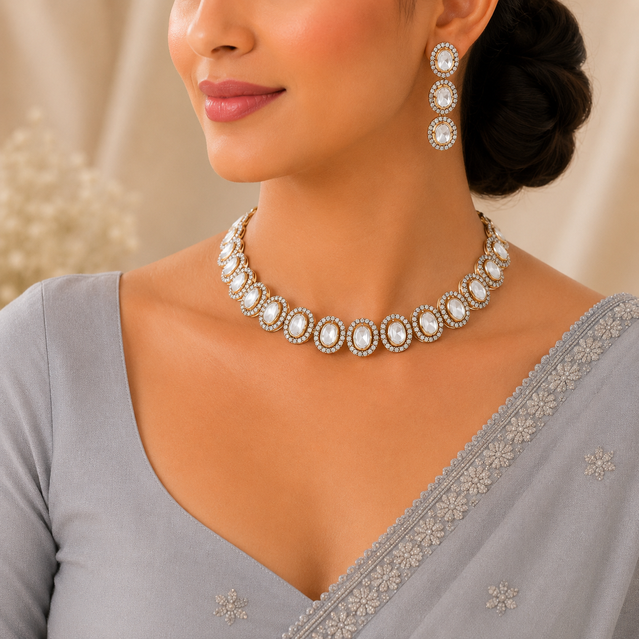 Jiya Circular Motif Silver Choker Set