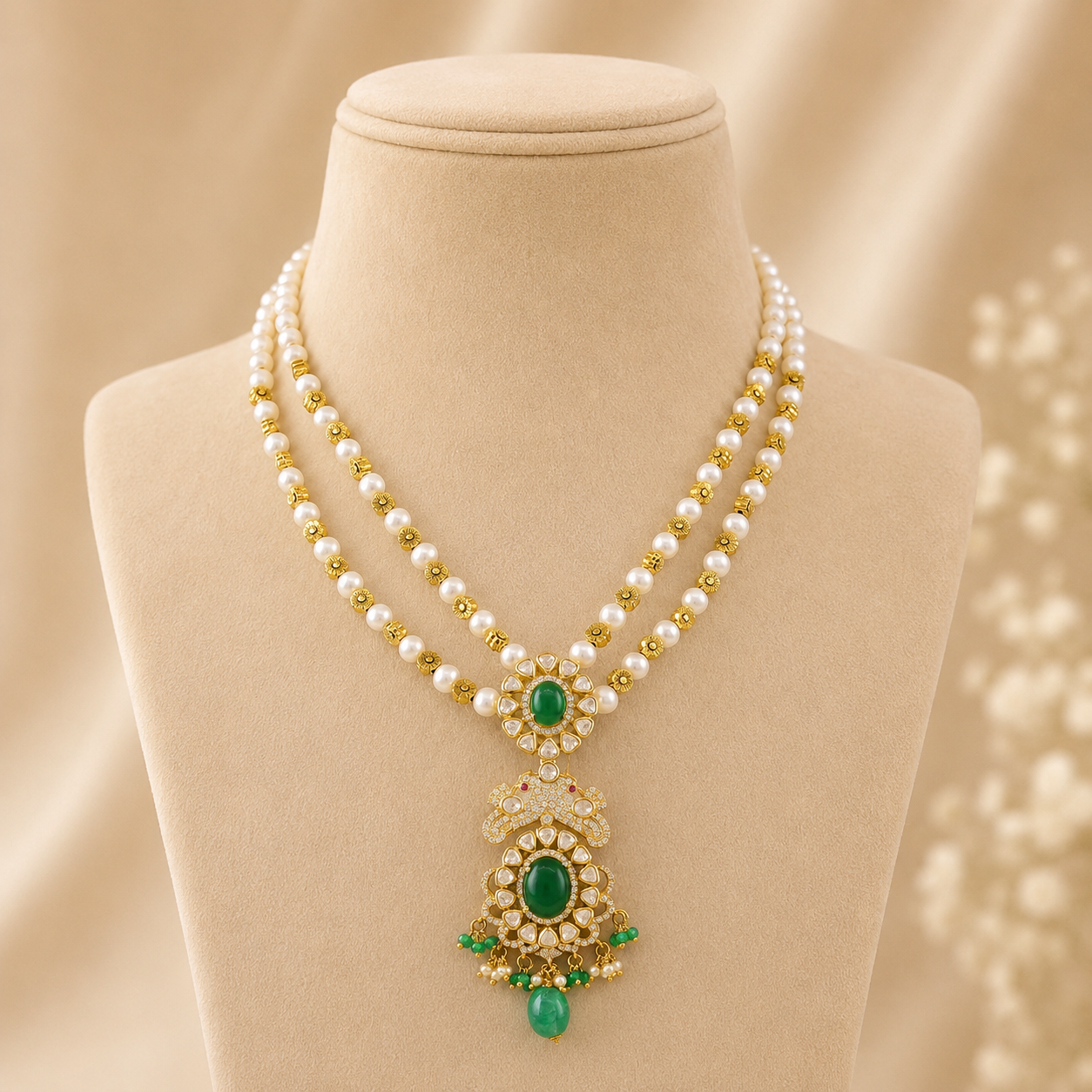 Neha Double Strand Pearl Silver Necklace