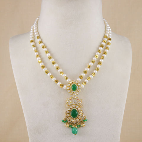 Neha Double Strand Pearl Necklace Green Stone
