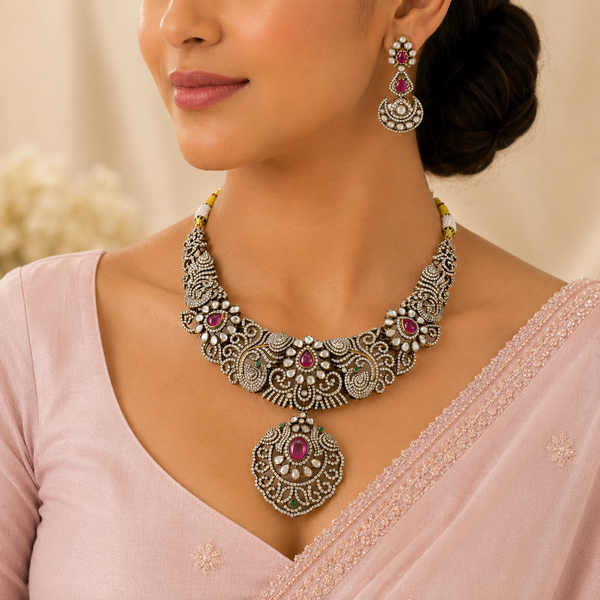 Ushma Heritage Style Silver Necklace Set