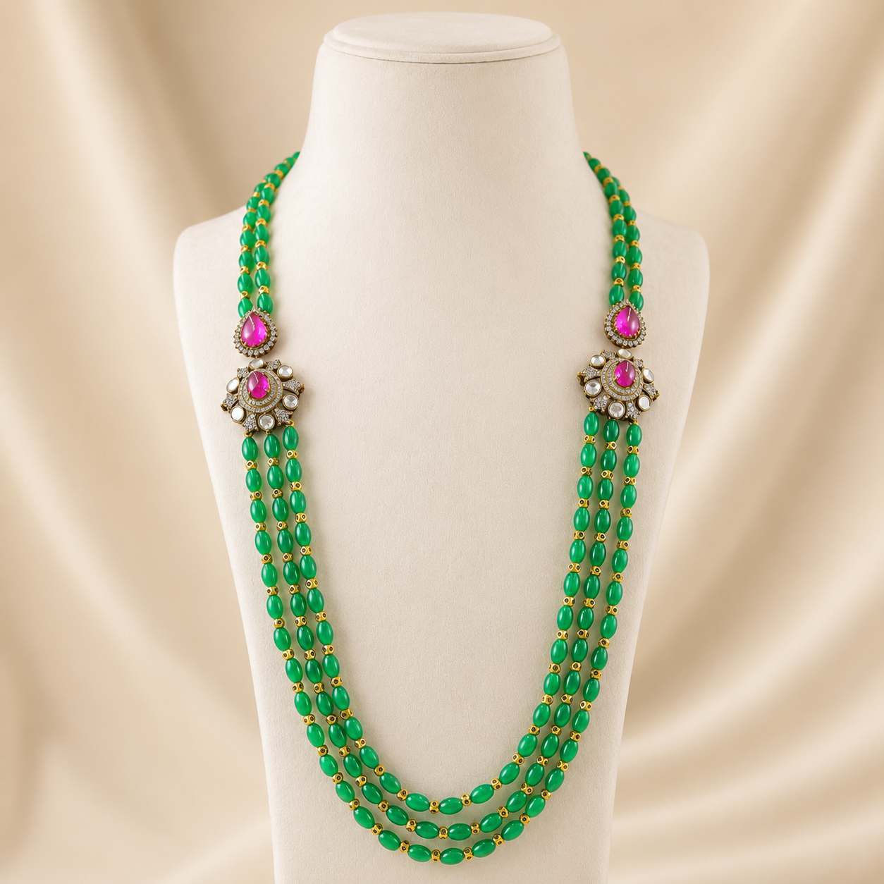 Sneha Green Emerald Long Silver Necklace