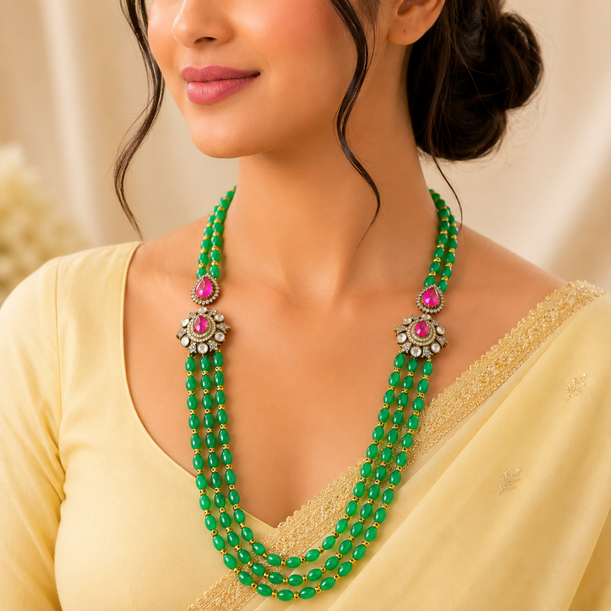 Sneha Green Emerald Long Silver Necklace