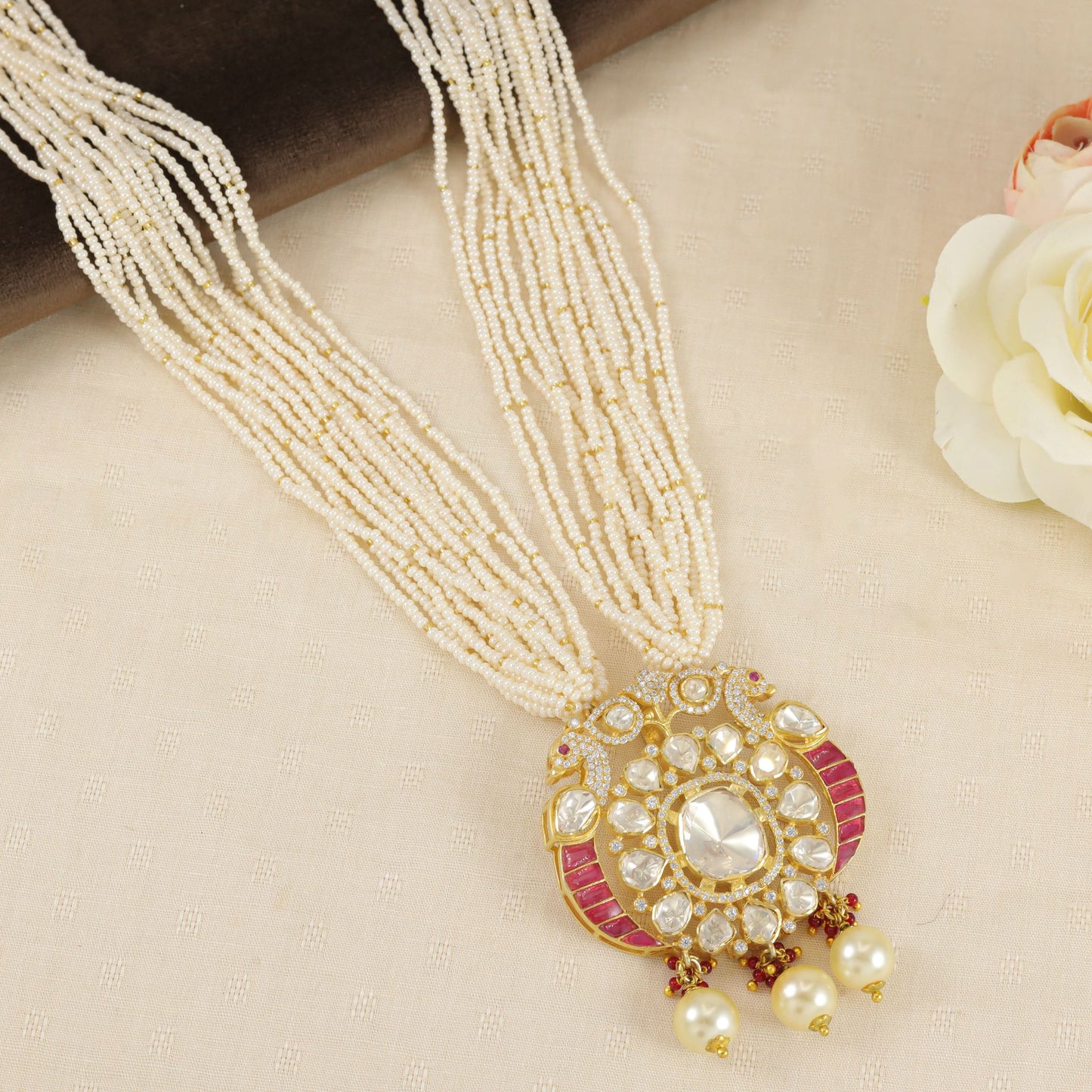 Latika Kundan Style White Beads Silver Necklace