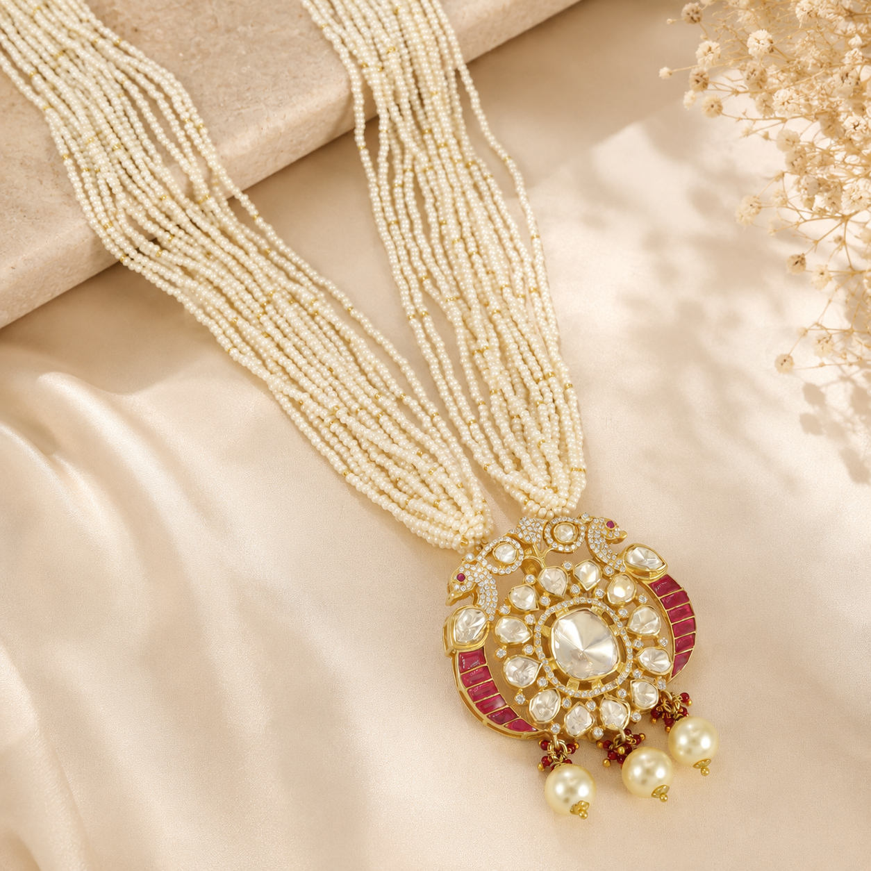 Latika Kundan Style White Beads Silver Necklace