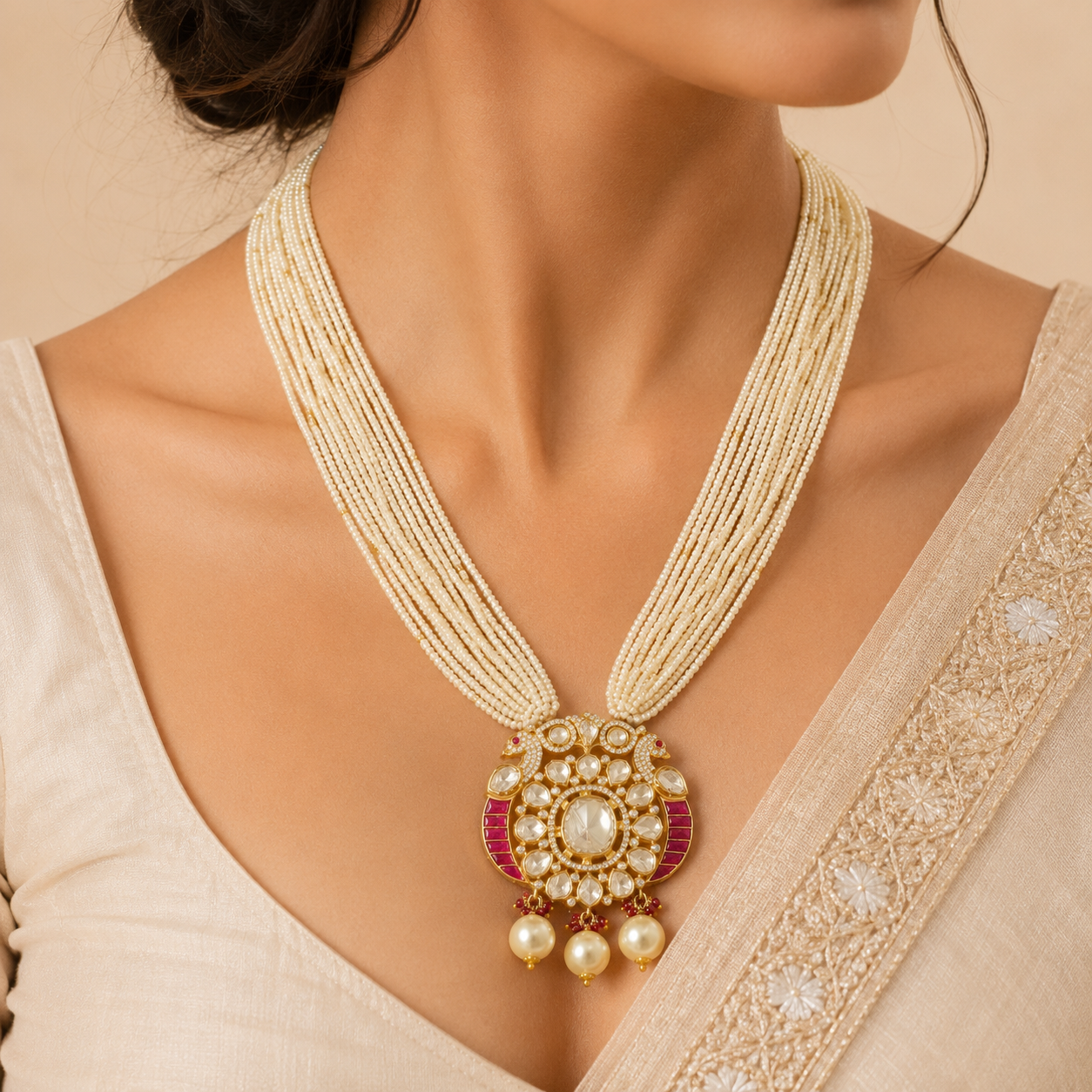 Latika Kundan Style White Beads Silver Necklace