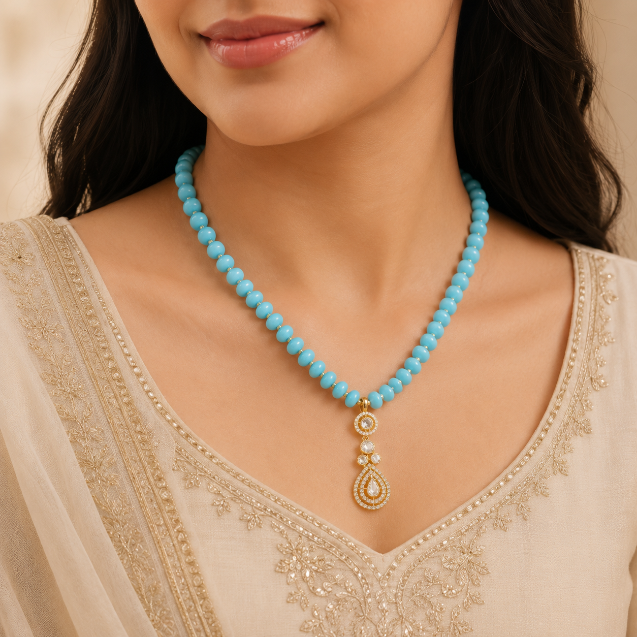 Aahana Turquoise White Stones Silver Necklace