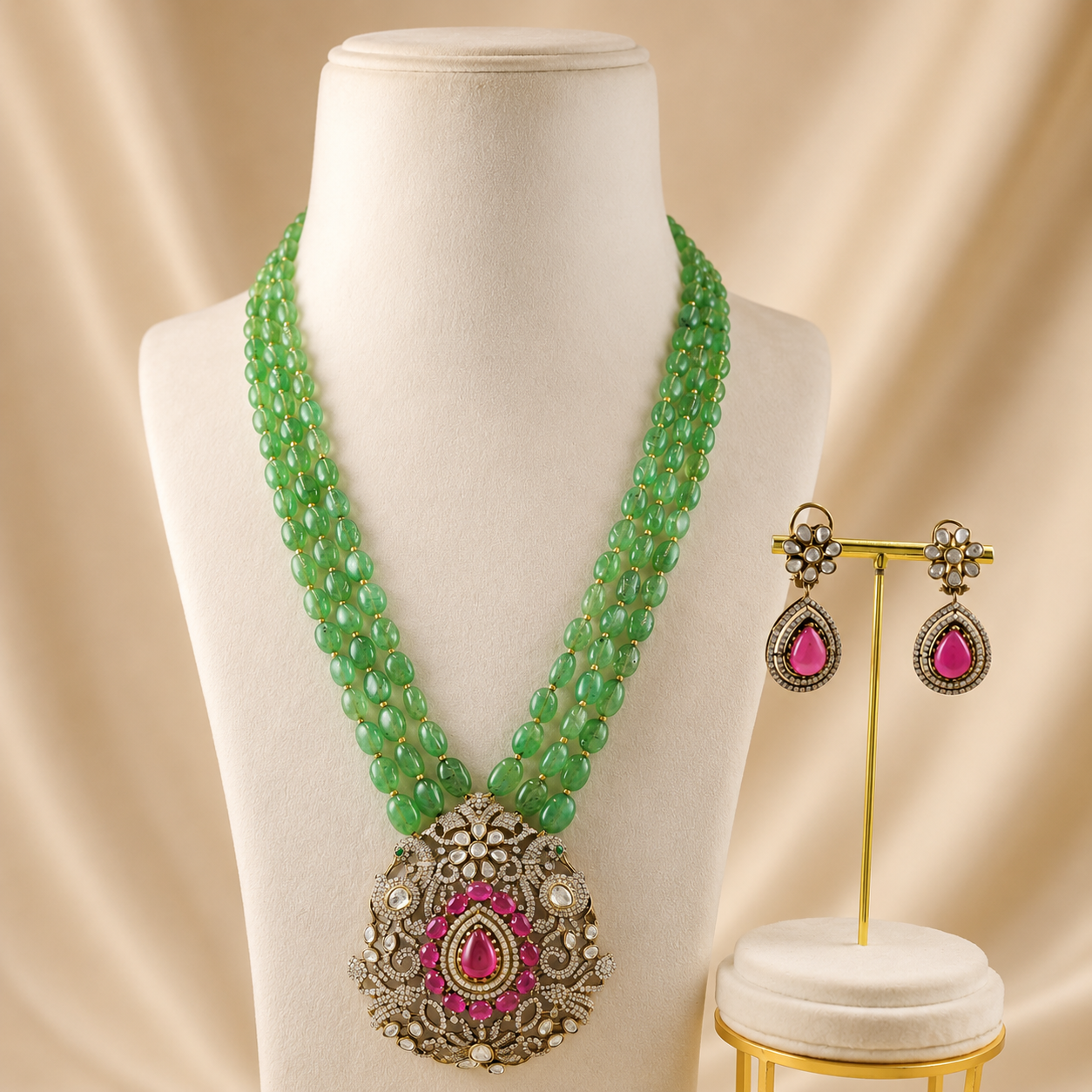 Ziya Triple Layer Green Beads Silver Necklace Set