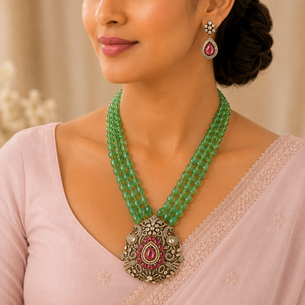 Ziya Triple Layer Green Beads Silver Necklace Set