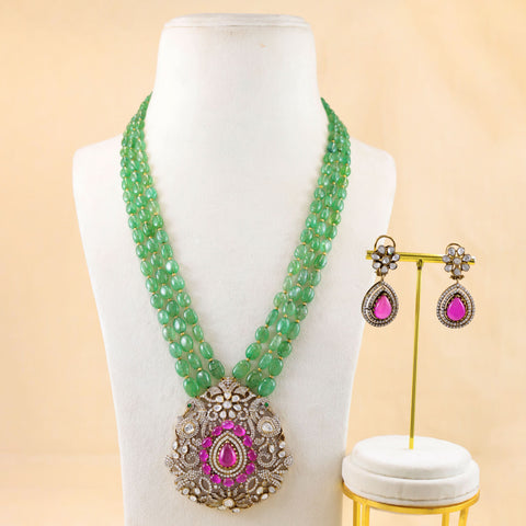 Ziya Triple Layer Green Beads Silver Necklace
