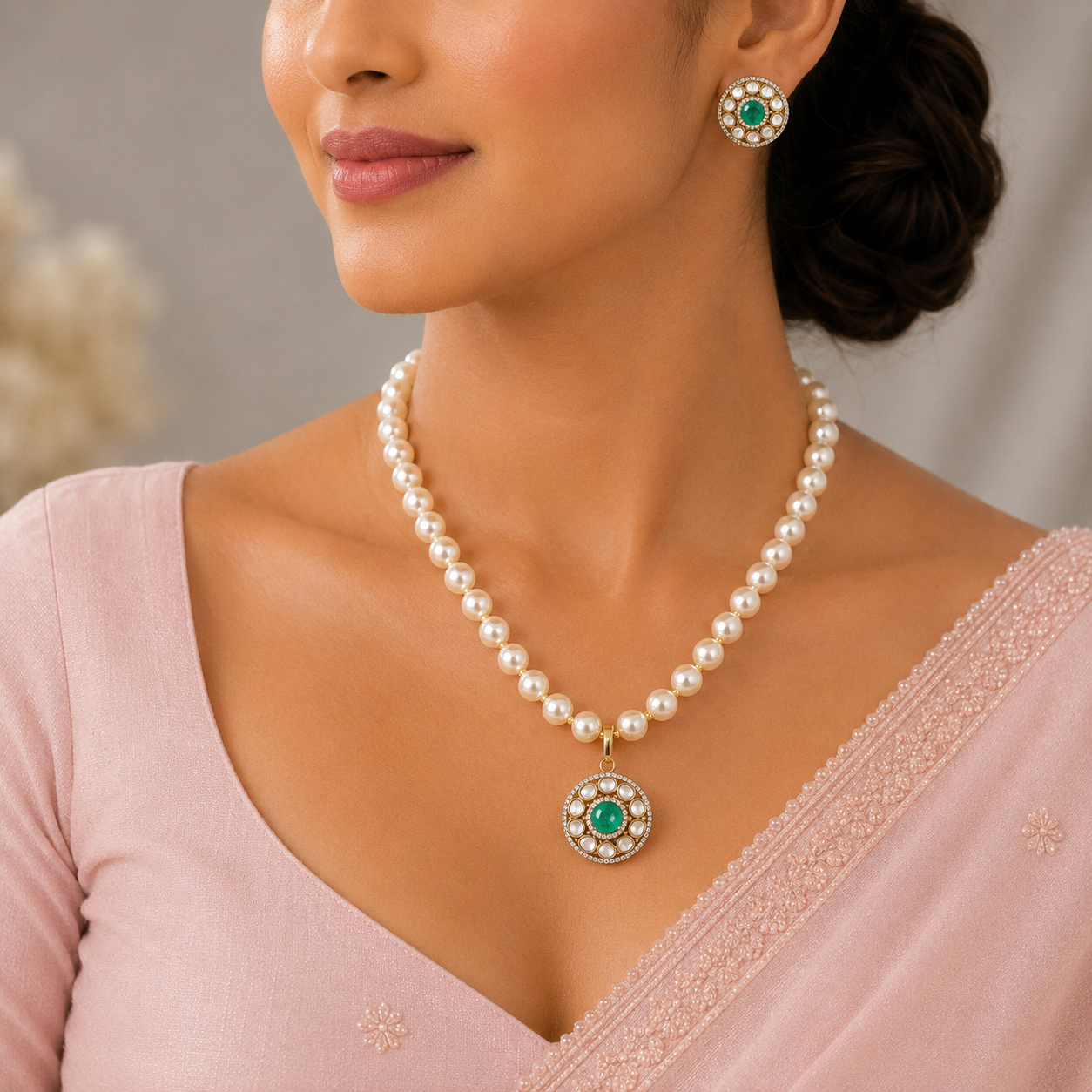Sita Classic Pearls With Silver Necklace Set