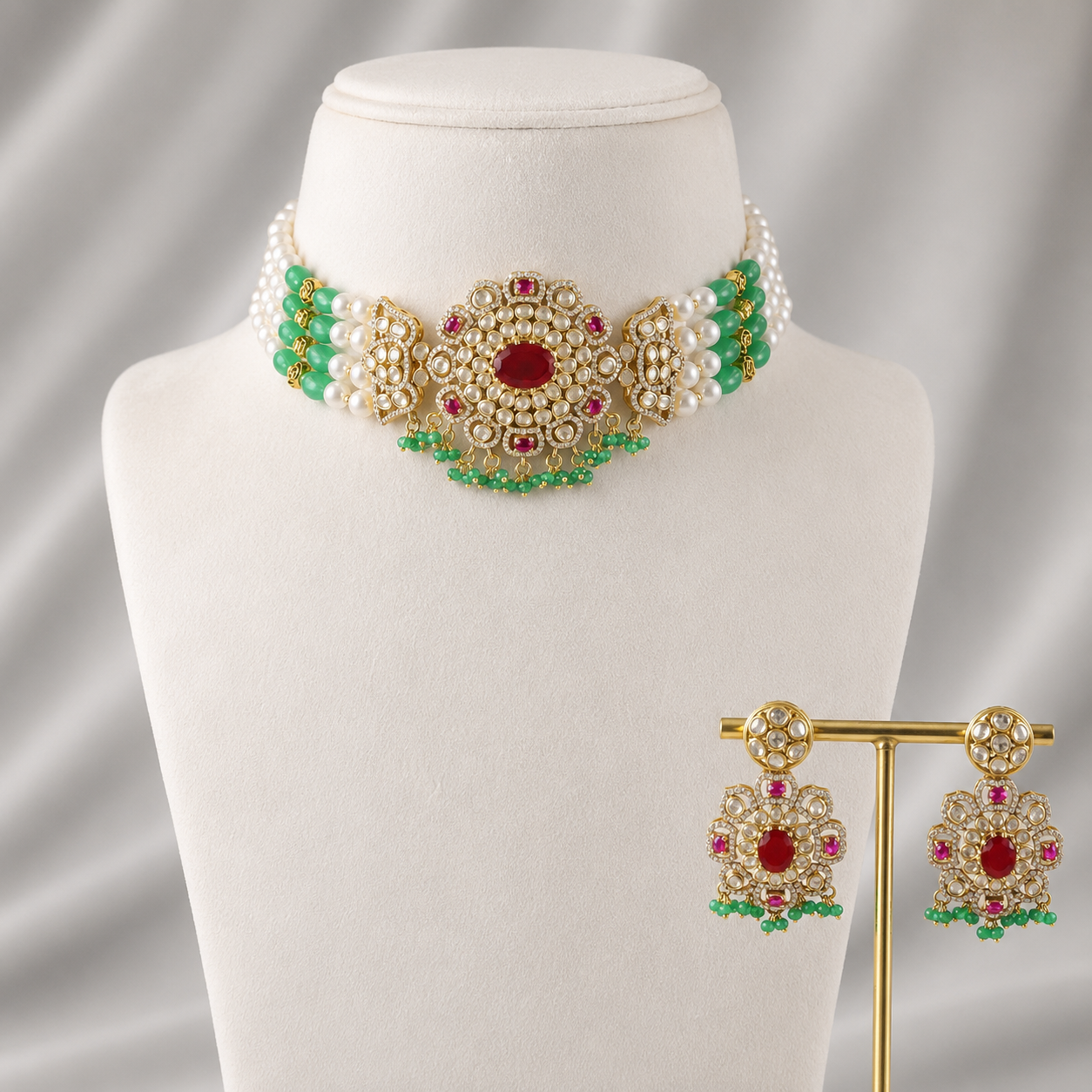 Aparna Green White Stone Silver Choker Set