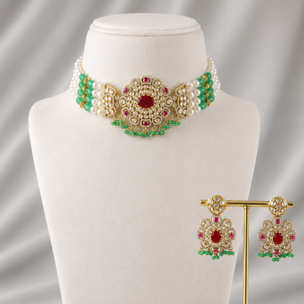 Aparna Green White Stone Silver Choker Set