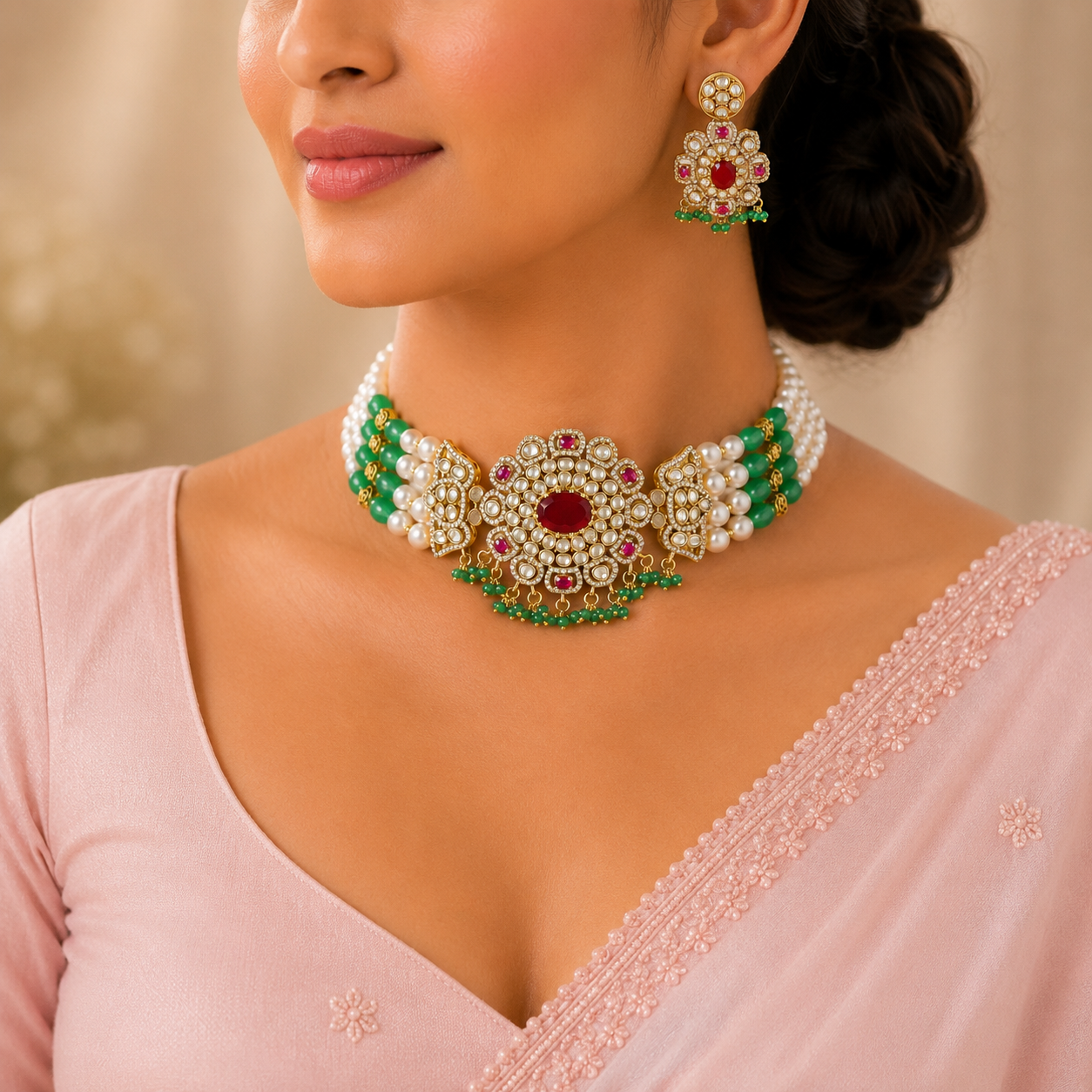 Aparna Green White Stone Silver Choker Set