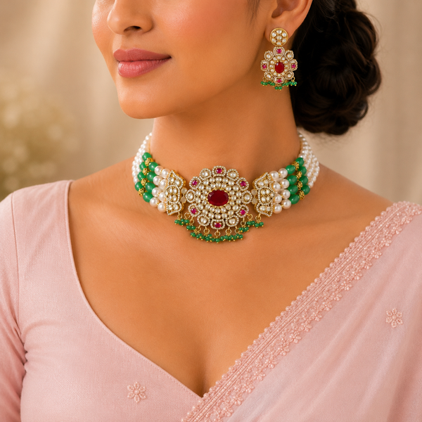 Aparna Green White Stone Silver Choker Set