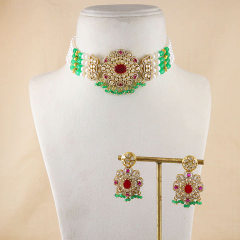 Aparna Choker Set Green  White Stone