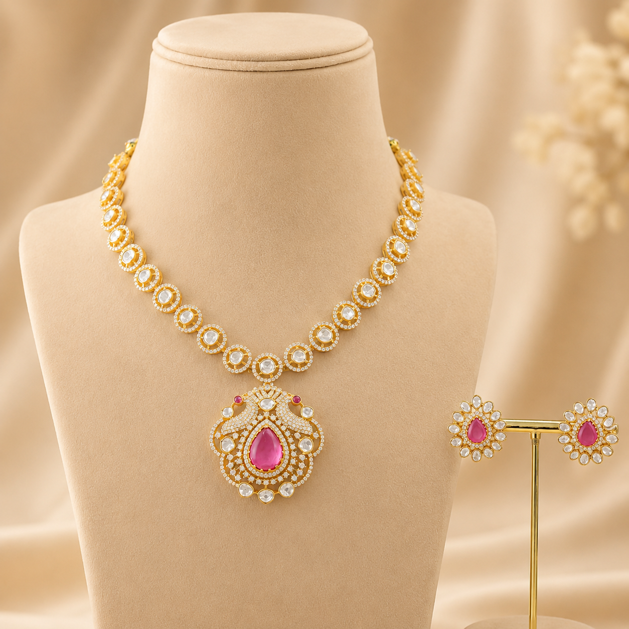 Medha Gold Tone Floral Motif Silver Necklace Set