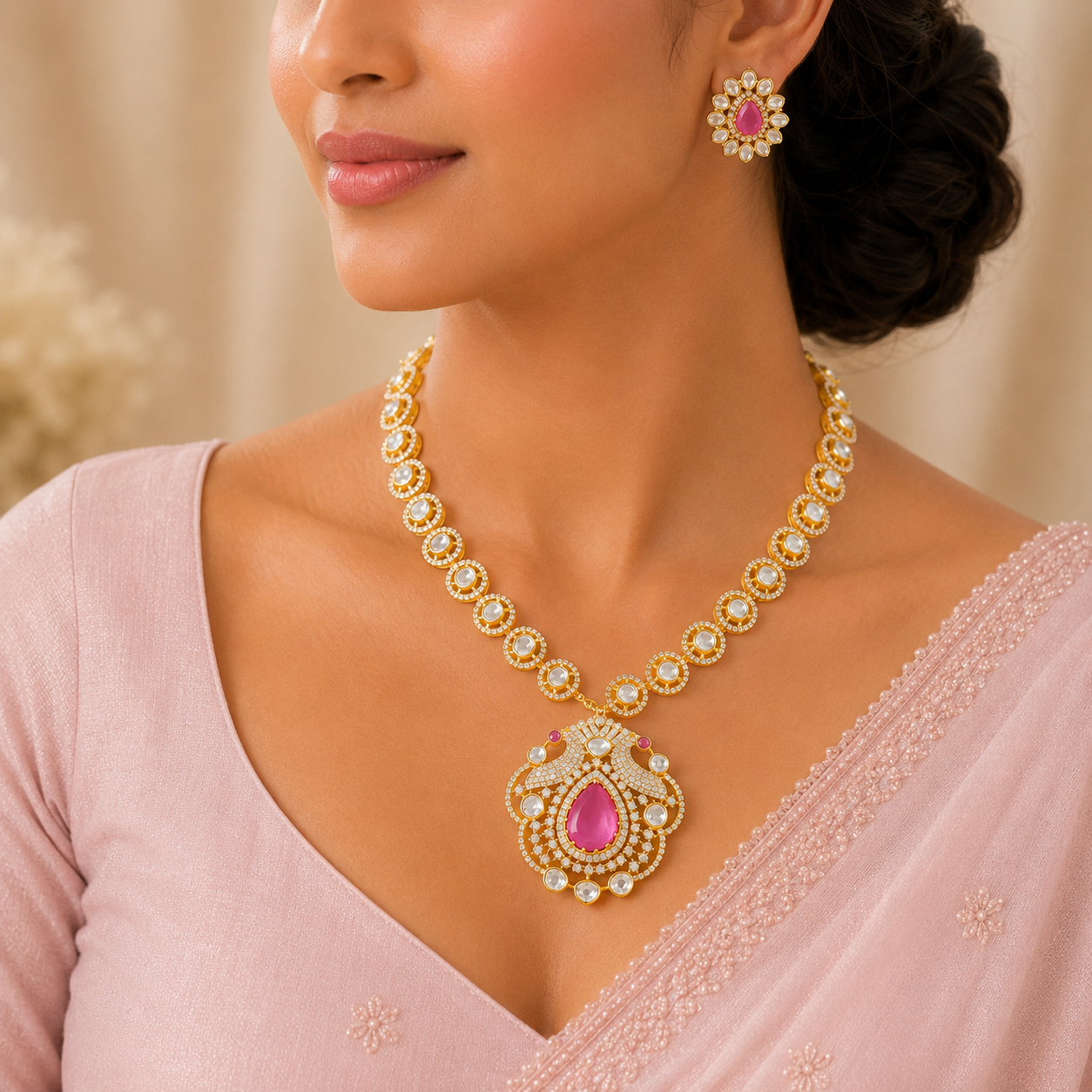 Medha Gold Tone Floral Motif Silver Necklace Set