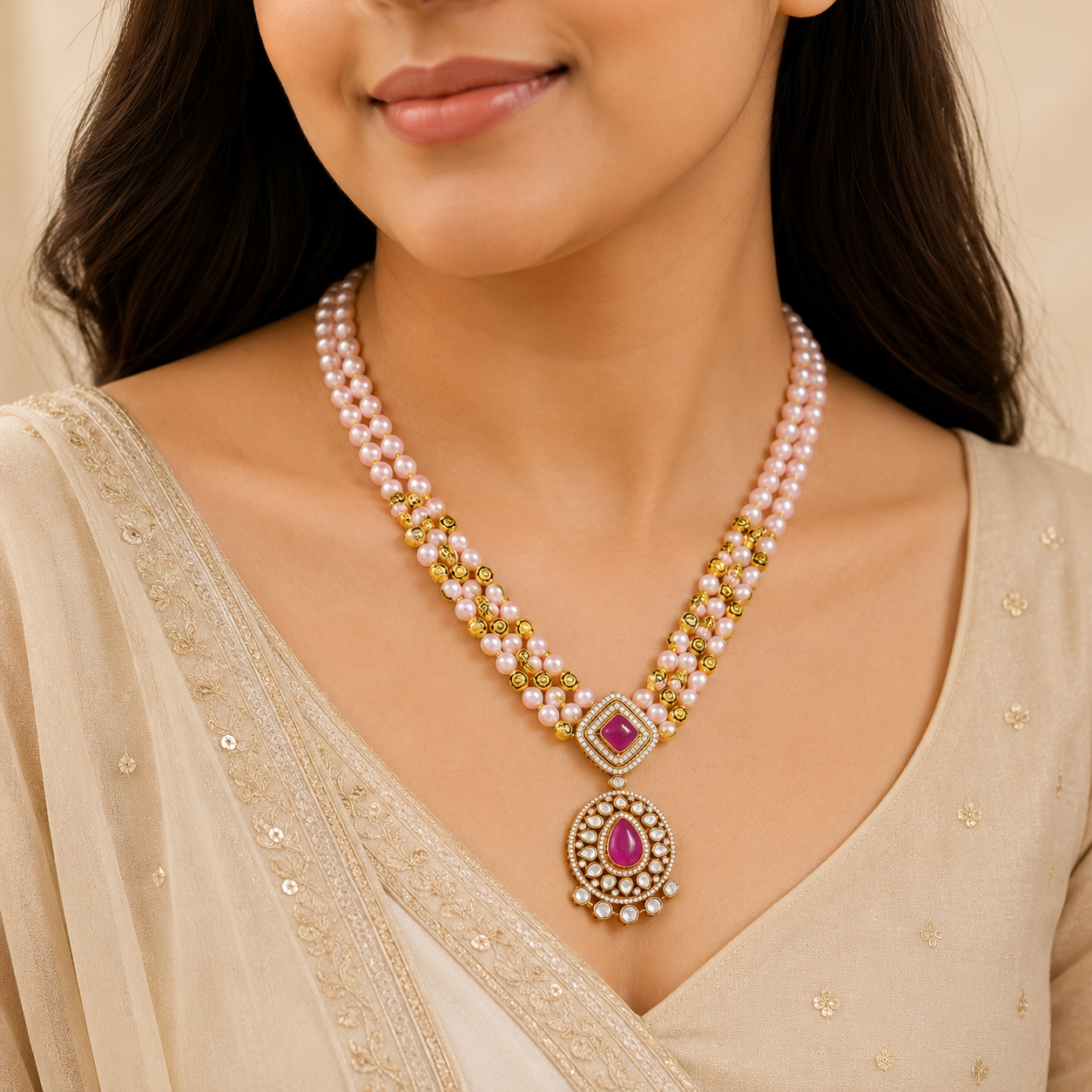 Vaishali Double Strand Pearl Beaded Silver Necklace