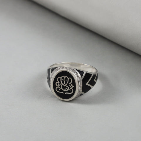 Ganesha Engraved Design Black Enamel Silver Ring For Him