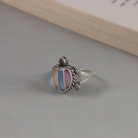 turtle Design Colorful Stones Silver Ring For Him