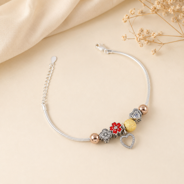 Heart Rosette Charm Silver Bracelet