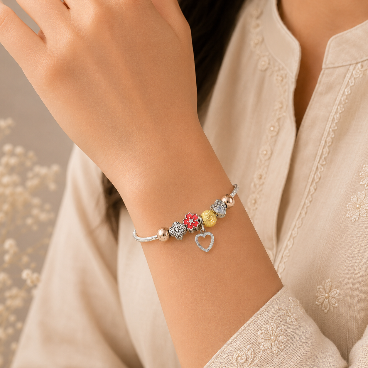 Heart Rosette Charm Silver Bracelet