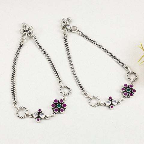 Jivika Dual Floral Charm Design Silver Anklets