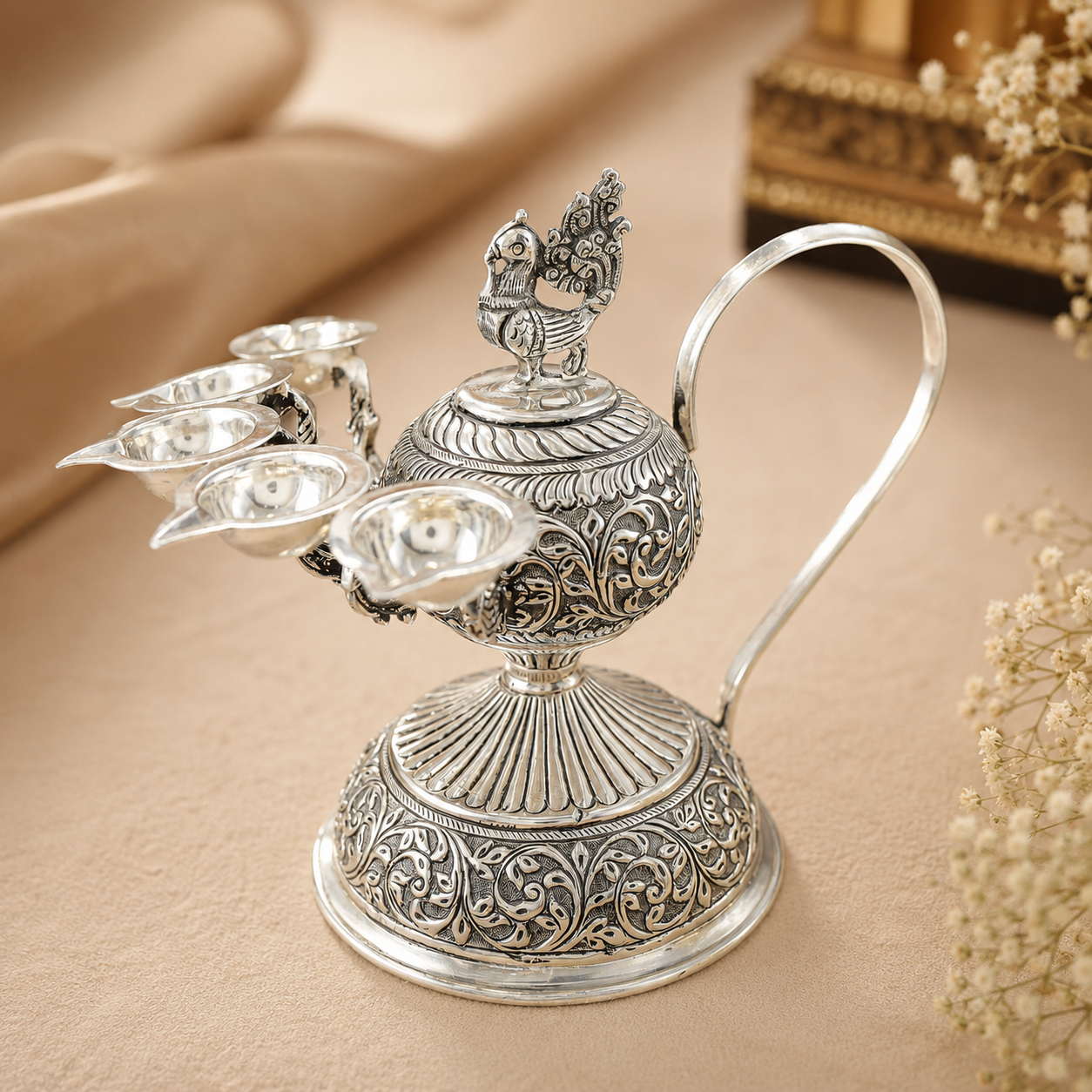 Traditional Antique Silver Panch Jyot