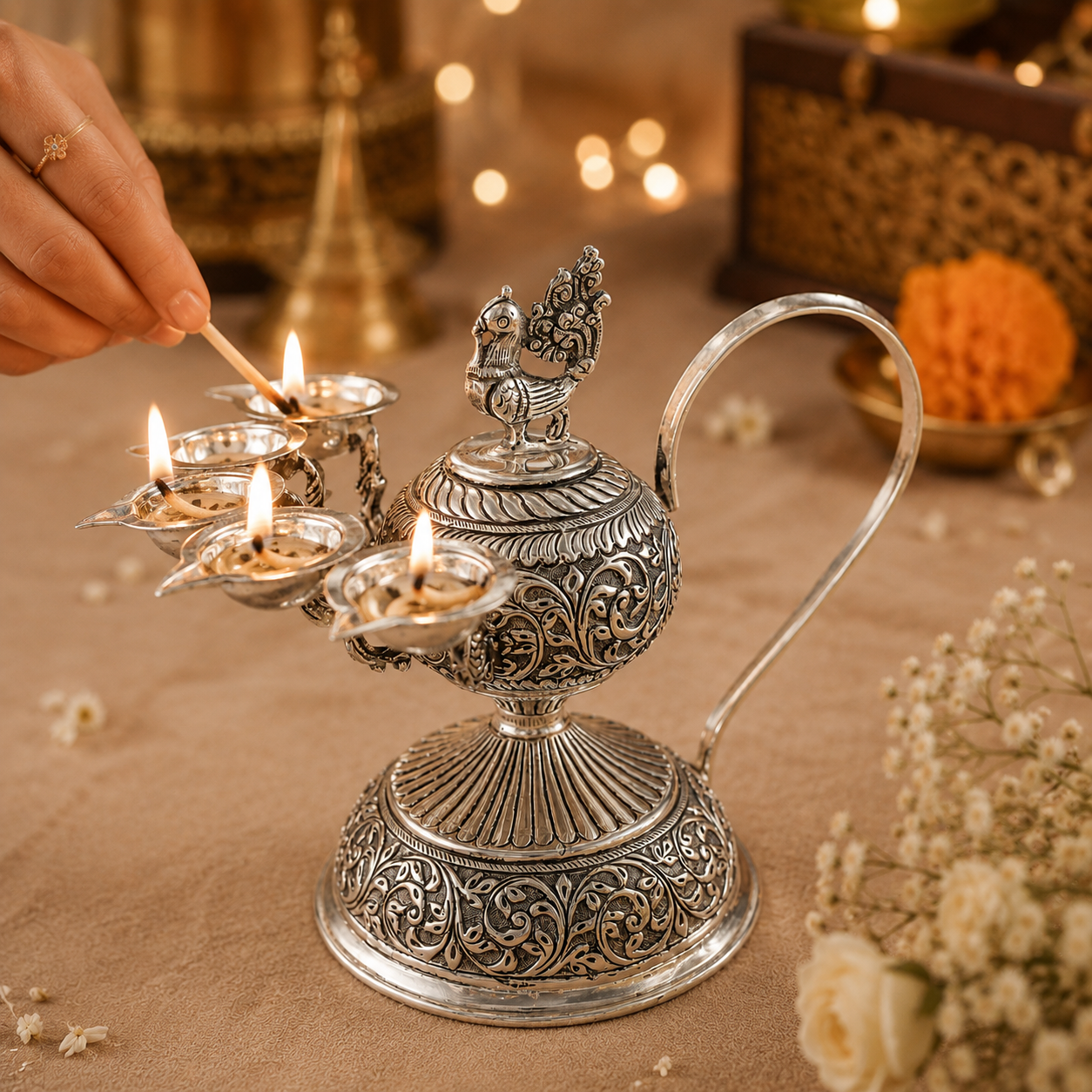 Traditional Antique Silver Panch Jyot