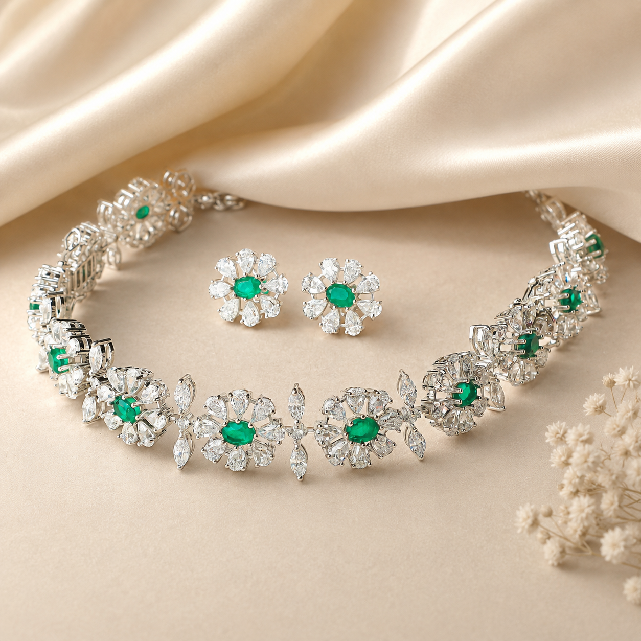 Nayra Green Aura Silver Choker Set