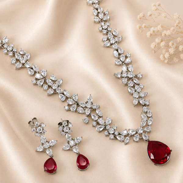 Aarohi Floral Ruby Shine Silver Necklace Set